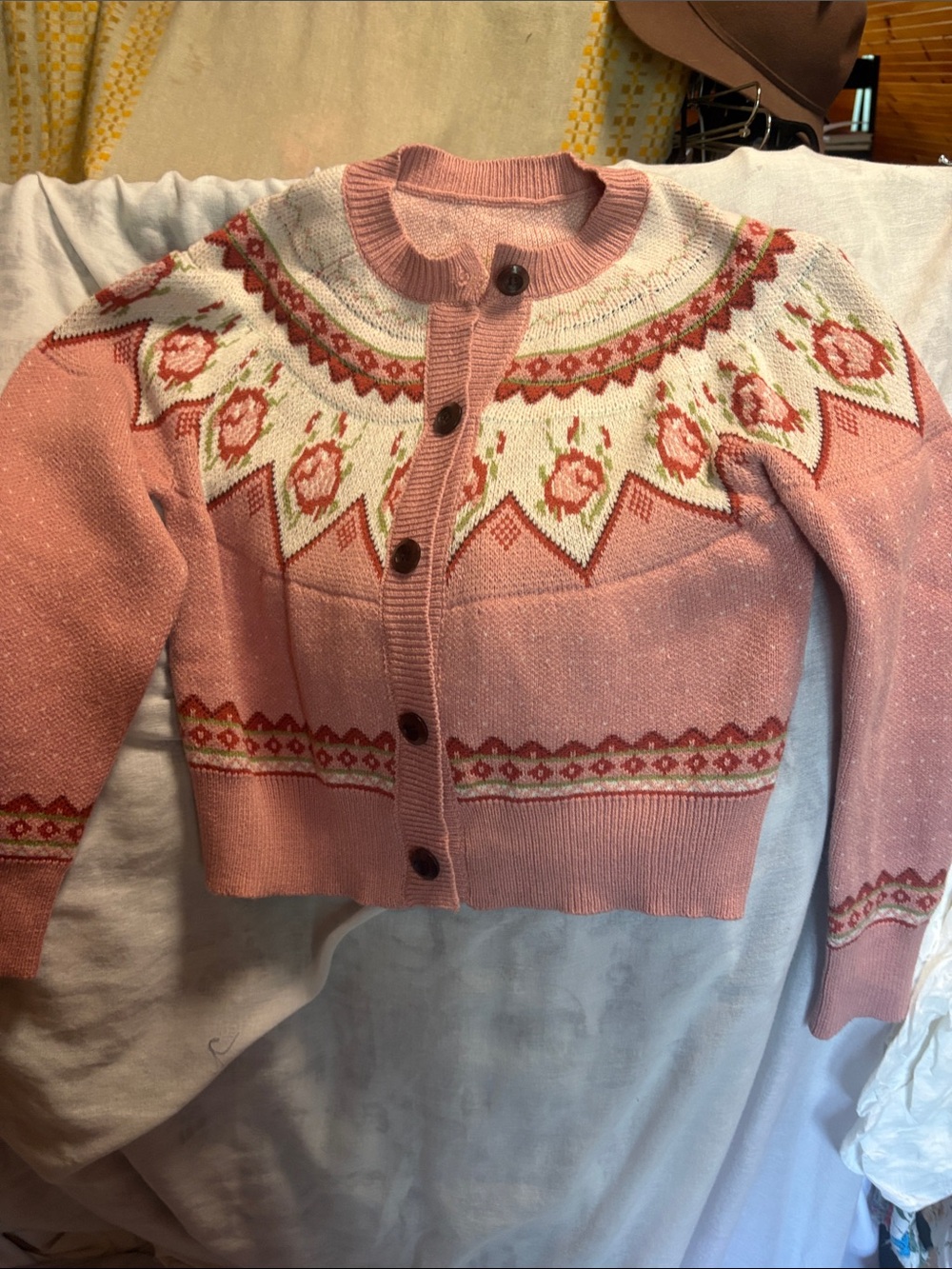 Pink Floral Yoke Cardigan Sweater - Women